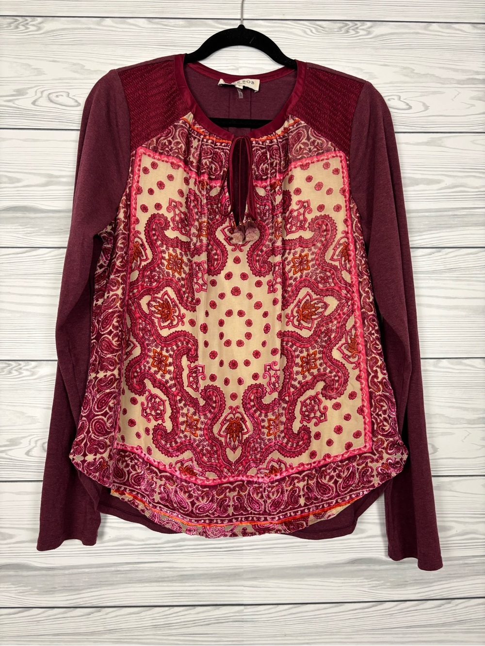 Hale Bob Silk blend burgundy tie neck blouse size large
